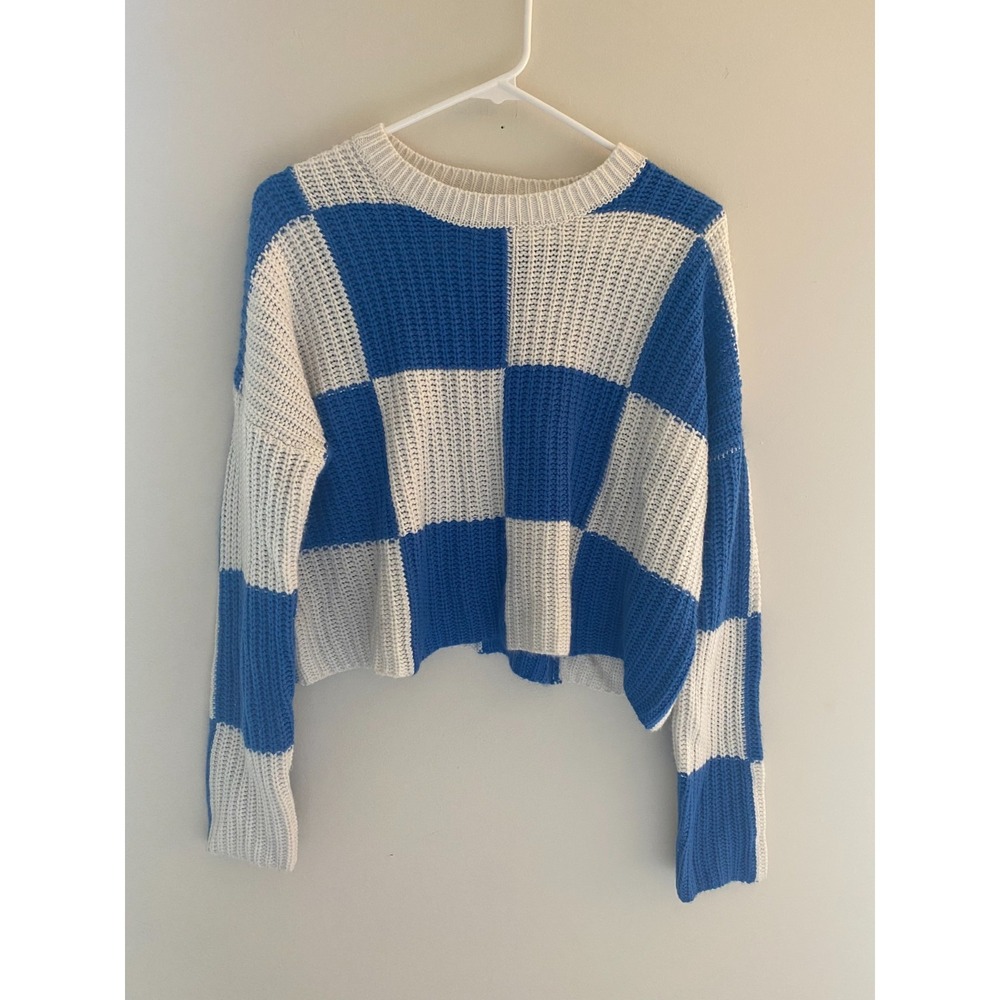 Moon & Madison Blue White Checkered Chunky Knit Sweater Women's Small Crop